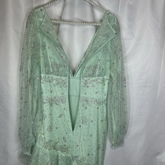 Mac Duggal Ieena Bishop Sleeve V Neck Empire High Low Dress 6 Seafoam Blue - Picture 13 of 16